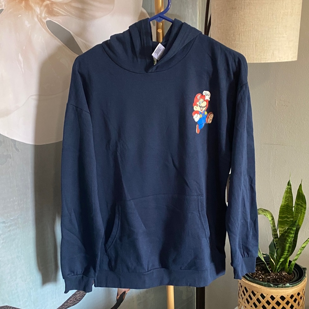 Super Mario Big Kids Navy Blue Hoodie Character Design front & back size 18 NWT